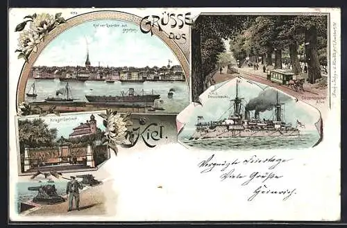 Lithographie Kiel, Krieger-Denkmal, S.M.S. Brandenburg, Düsterbrooker Allee, Strassenbahn, Blumen