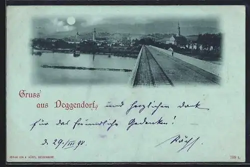 Mondschein-AK Deggendorf, Totalansicht von der Brücke aus