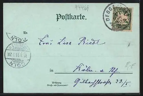 Mondschein-AK Deggendorf, Totalansicht von der Brücke aus