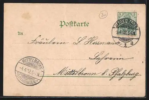 Lithographie Baden-Baden, Altes Schloss, Partie auf dem Battert