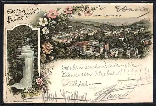 Lithographie Baden-Baden, Ortsansicht vom Schloss Solms gesehen, Geroldsauer Wasserfall