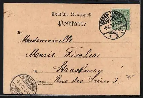 Lithographie Baden-Baden, Waldsee, Conversationshaus mit Musik Kiosk, Theater