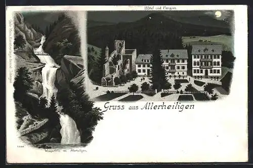 Lithographie Allerheiligen, Wasserfälle, Hotel und Pension bei Vollmond