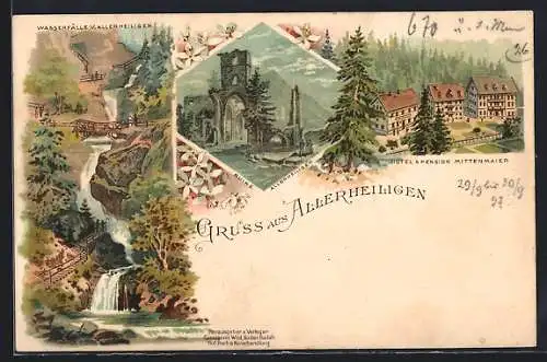 Lithographie Allerheiligen, Hotel & Pension Mittenmaier, Ruine, Wasserfälle