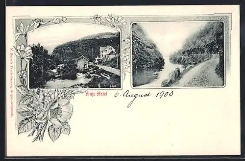 AK Vinje, Blick auf das Hotel, Partie am Fluss