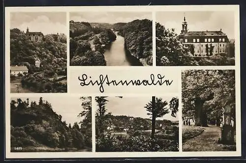 AK Lichtenwalde, Ortsansicht mit Fluss und Wald