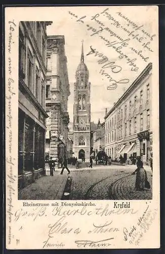 AK Krefeld, Rheinstrasse mit Dionysiuskirche