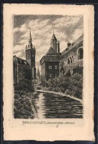 Künstler-AK Braunschweig, Dankwarderode u. Rathaus