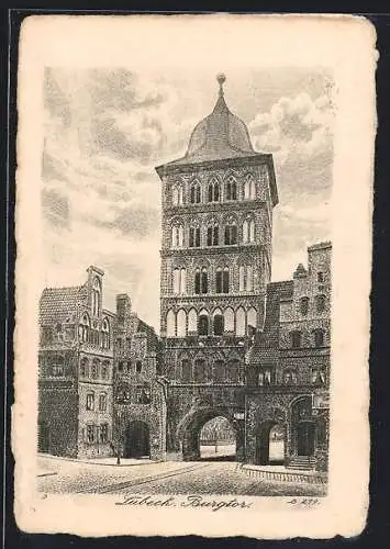 Künstler-AK Lübeck, Blick auf das Burgtor