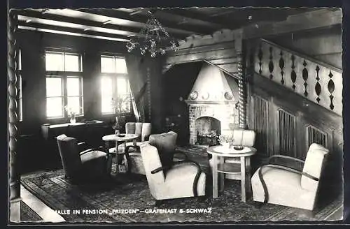 AK Grafenast b. Schwaz, Hotel-Pension Frieden, Halle mit Kamin