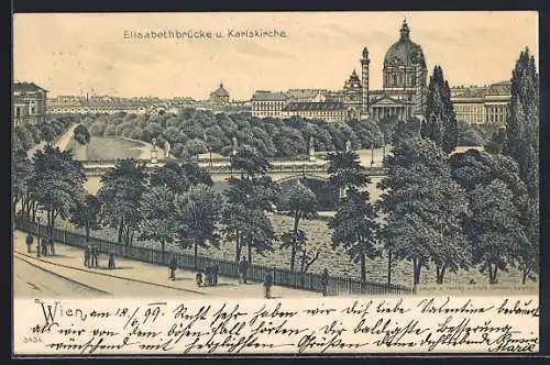 Lithographie Wien, Elisabethbrücke und Karlskirche