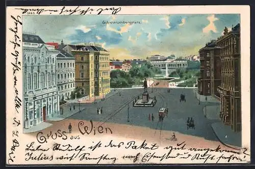 Lithographie Wien, Schwarzenbergplatz aus der Vogelschau