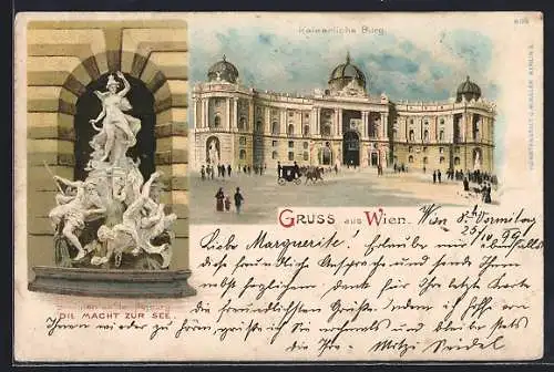 Lithographie Wien, Hofburg, Brunnen, Vorderansicht Burg