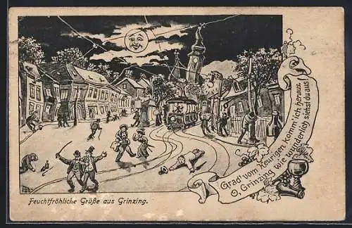 AK Grinzing, Feiernde in der nächtlichen Stadt