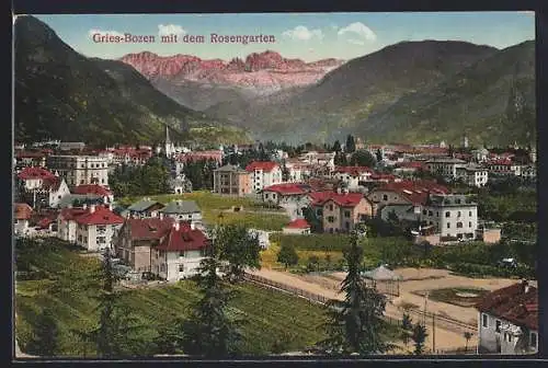 AK Gries-Bozen, Ortsansicht mit Rosengarten aus der Vogelschau