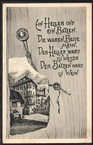 AK Bozen, Künstlerheim Batzenhäusl mit Strasse, Heller u. Batzen