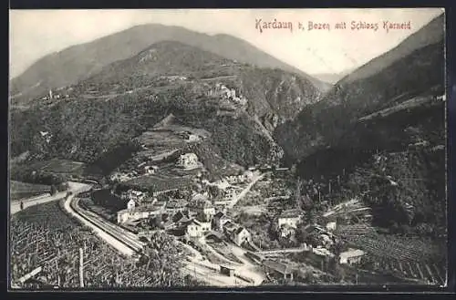 AK Kardaun b. Bozen, Totalansicht mit Schloss Karneid aus der Vogelschau