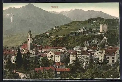 AK Meran, Ortsansicht mit Bergpanorama