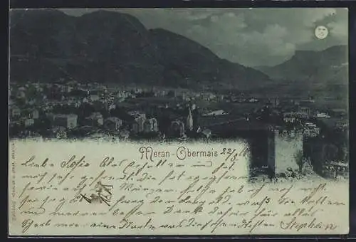 Mondschein-AK Meran-Obermais, Ortsansicht mit Bergpanorama