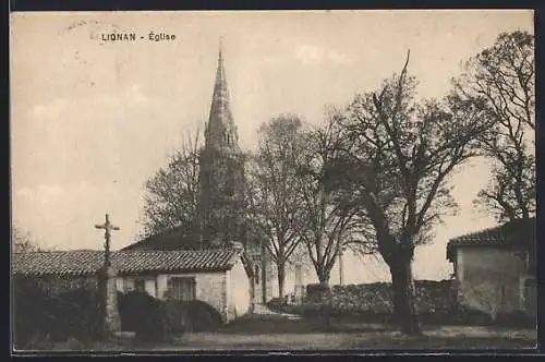 AK Lignan, Église et paysage arboré en arrière-plan