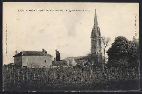 AK Lamothe-Landerron, L`Église Saint-Albert avec vignoble au premier plan