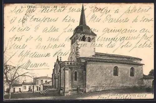 AK Yvrac, L`Église avec son clocher imposant et bâtiments environnants