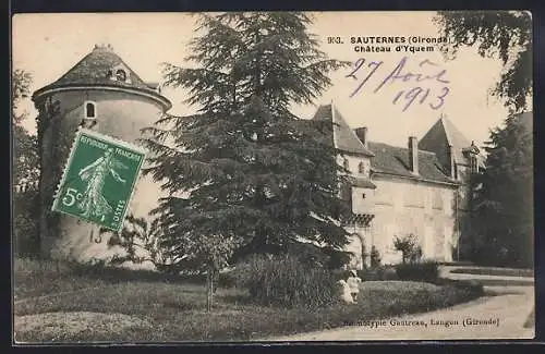 AK Sauternes, Vue du Château d`Yquem avec tour et arbres majestueux