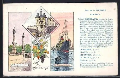 AK Bordeaux, La Grosse Cloche, colonnes des Quinconces et transatlantique