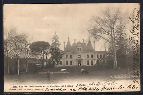 AK Lussac, Château de Lussac avec chevaux dans le parc