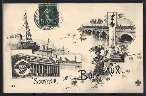 AK Bordeaux, Souvenir de Bordeaux avec bateau, pont et monument