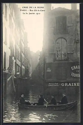 AK Paris, Crue de la Seine, Rue Git-le-Coeur inondée avec barque, 30 janvier 1910