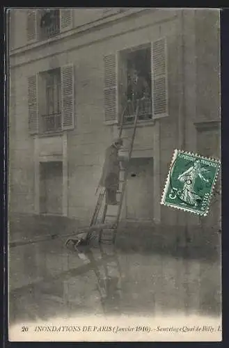 AK Paris, Inondations de 1910, Sauvetage au Quai de Billy