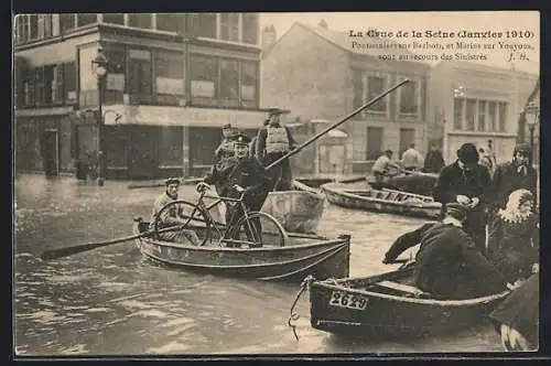 AK Paris, Pontonniers sur Bachot lors de la crue de la Seine 1910, secours aux sinistrés en barque