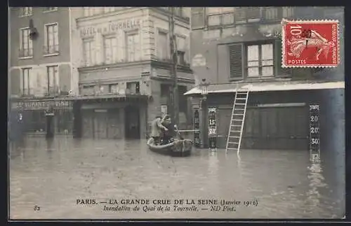 AK Paris, Inondation du Quai de la Tournelle lors de la grande crue de la Seine (Janvier 1910)