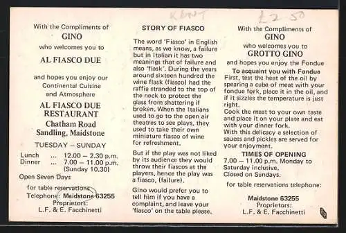 AK Maidstone, Al Fiasco Due Restaurant, Chatham Road, proprietors L. F. & E. Facchinetti