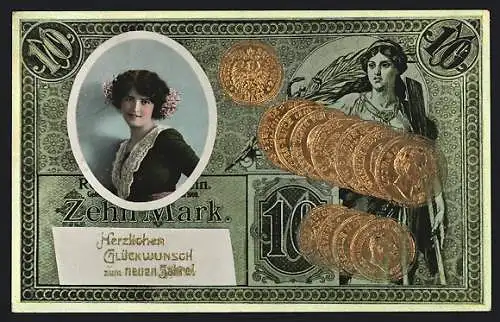AK Konterfei einer jungen Frau auf dem 10 Mark-Schein, Geldmünzen, Neujahrskarte