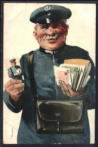 AK Briefträger mit Briefen und einem Foto von sich selbst
