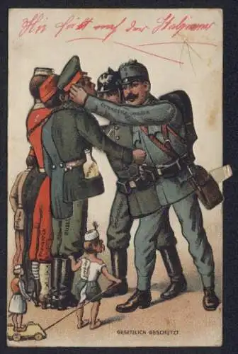 Mechanische-AK Österreich-Ungarn und Deutschland ziehen den Soldaten der Entente die Ohren lang, Propaganda 1. Weltkrieg