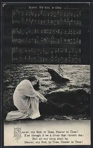 AK Das untergehende Passagierschiff Titanic, Text und Noten zu Nearer, My God, to Thee