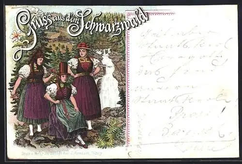Vorläufer-Lithographie Drei Frauen in Schwarzwälder Tracht, 1895