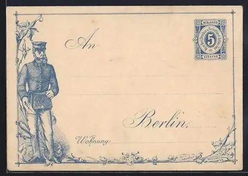 Dekorativer Brief Briefträger in Uniform, Private Stadtpost Neue Berl. Omnibus- u. Packetfahrt-Actien-Ges.