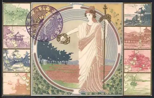 Künstler-AK Dame im Gewand, Landschaftspartien mit Pavillion