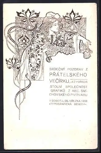 Künstler-AK Junge Frau im eleganten Kleid, von Blumen umgeben, Jugendstil
