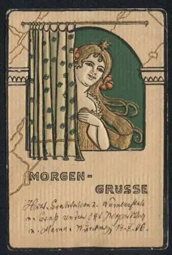 Präge-AK Junge Frau steht am Fenster, Morgengrüsse, Jugendstil