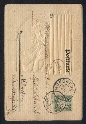 Präge-AK Junge Frau steht am Fenster, Morgengrüsse, Jugendstil