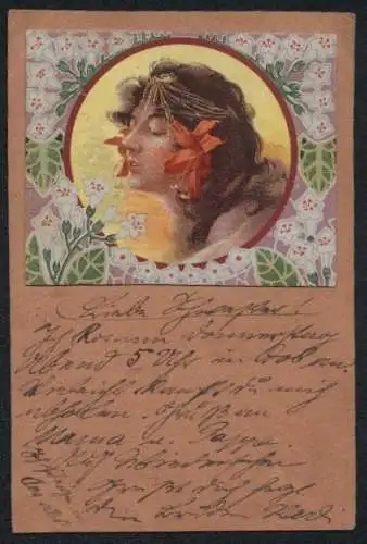 Künstler-AK Junge Frau mit Blumen im Haar im floralen Passepartout, Jugendstil