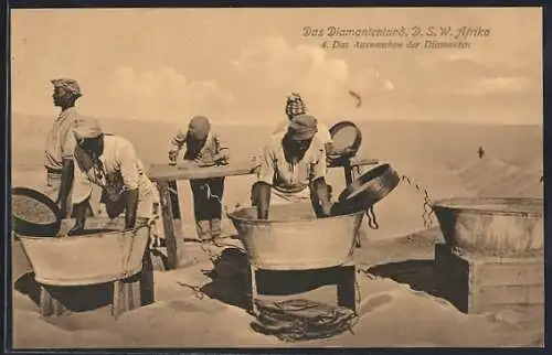 AK D.-S.-W.-Afrika, Einheimische Arbeiter beim Auswaschen der Diamanten