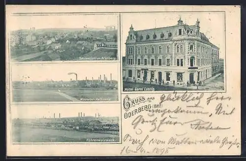 AK Oderberg /Bhf., Hotel Garni Lustig, Röhrenwalzwerk, Mineralöl-Raffinerie, Totalansicht