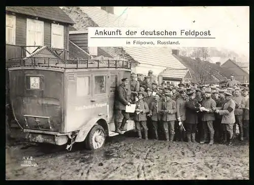 Riesen-AK Filipowo, ankuft der Kaiserlichen Deutschen Feldpost, Postauto im Matsch, Soldaten in Uniform