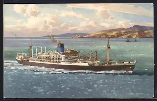 Künstler-AK Handelsschiff S.S. Ixion die Küste verlassend, Blue Funnel Line